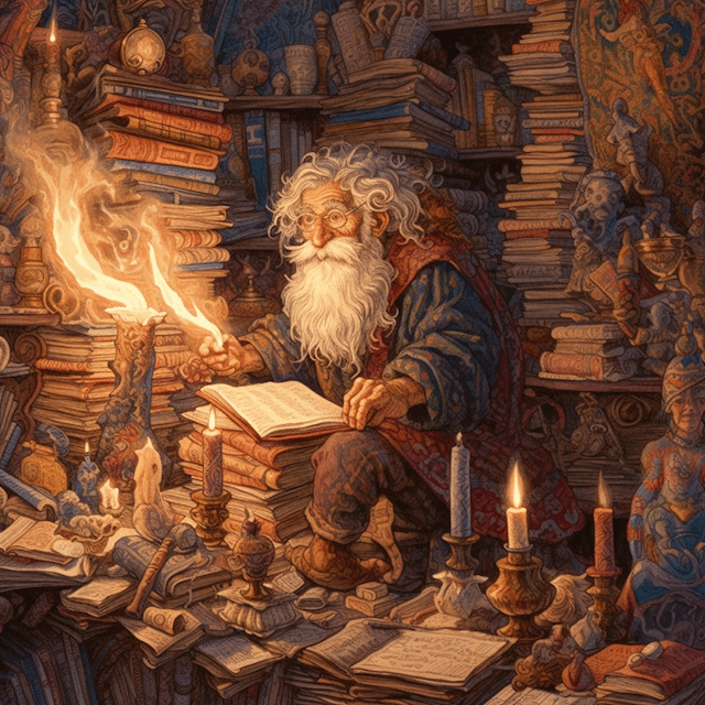 A classical scribe with a big white beard surrounded by books.